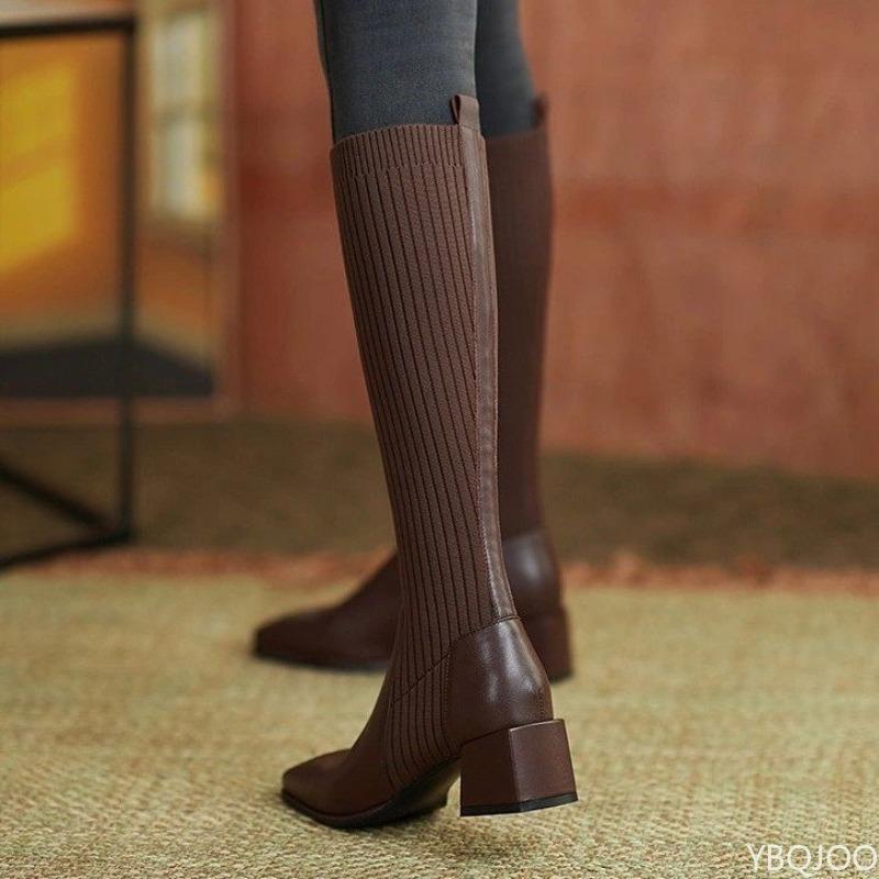 Socks boots elastic retro women's autumn winter thick heel mid heel knit simple comfortable temperament women's long boots