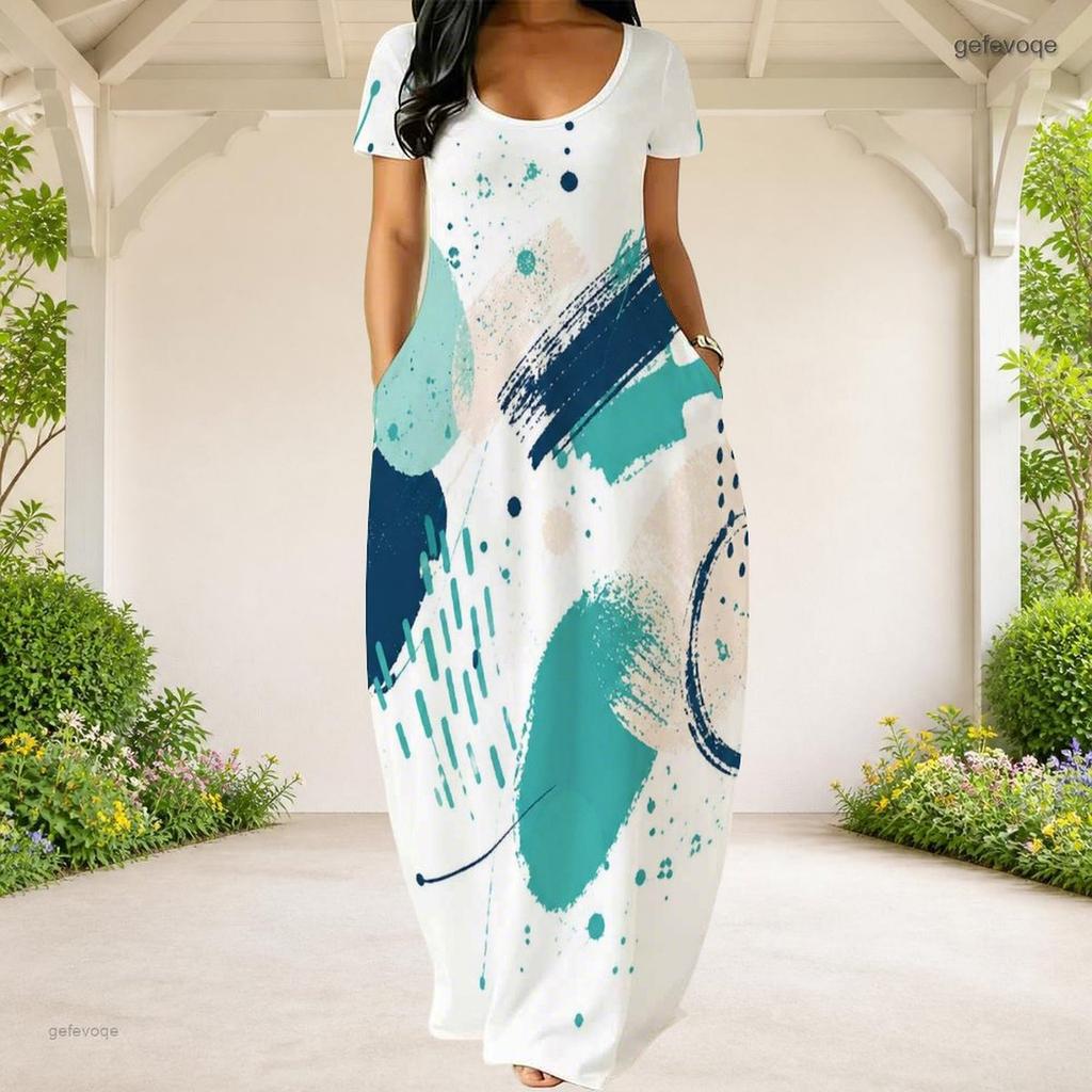 Women Plus Size Round Neck Short Sleeve Abstract Printed Loose White Long Dress With Side Pockets