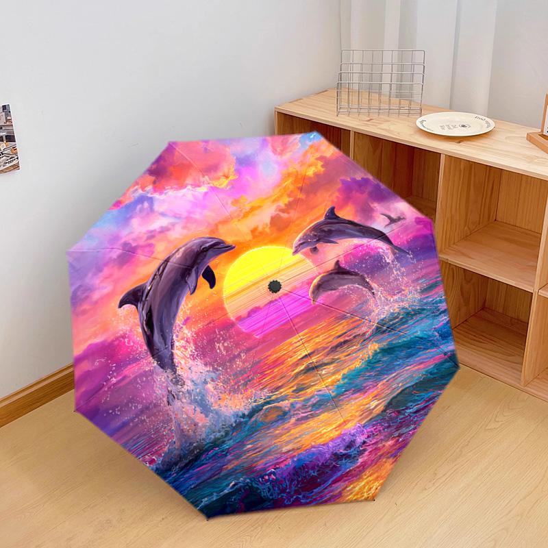 1 Pezzo Ombrello Pieghevole Automatico - Fantasia Delfini, Design Portatile e Pieghevole con 8 Stecche, Regali di Natale e Compleanno