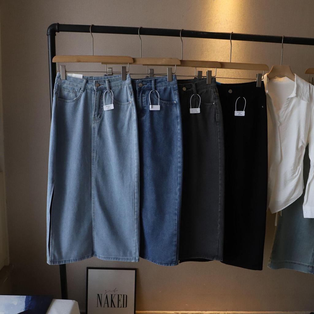 Denim Pencil Maxi Skirt with Side Slit - 2025 Spring/Summer Korean Style