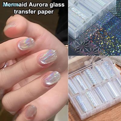 6/10 Rolls Mermaid Aurora Glass Transfer Paper - Holographic Nail Art Decals for Iridescent Manicure Designs