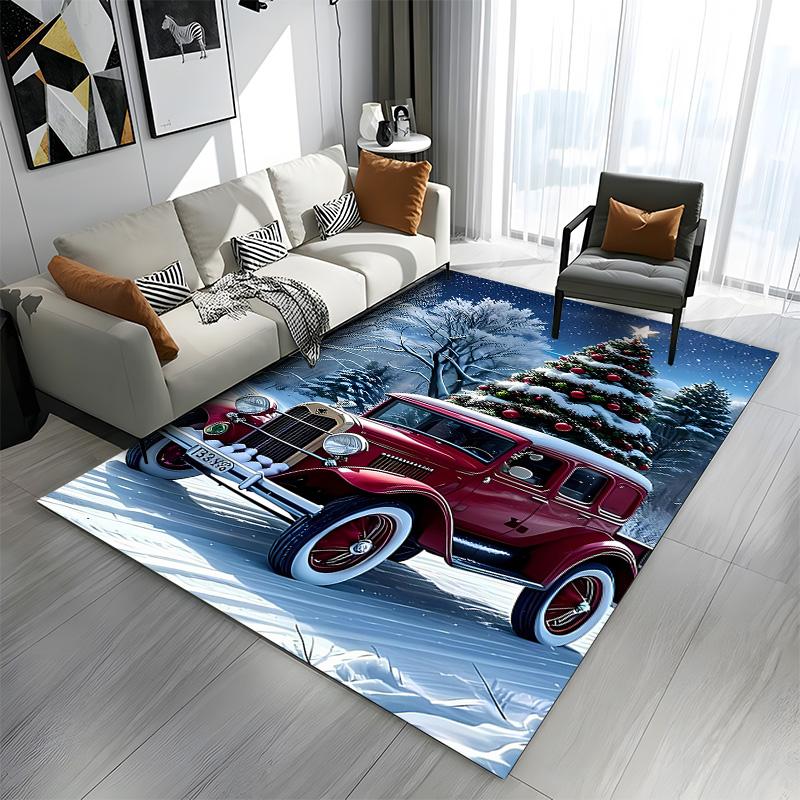 Vintage Red Car with Christmas Tree Patterned carpet a non slip rug suitable for all seasons and any setting, gift