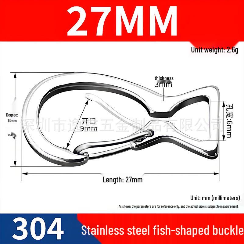 304 Stainless Steel Fish-Shaped Snap Hook Backpack Buckle, 8-Shaped Keychain, Torpedo Luggage Accessory Stainless Steel Fish-shaped Buckle - 27mm серебряный