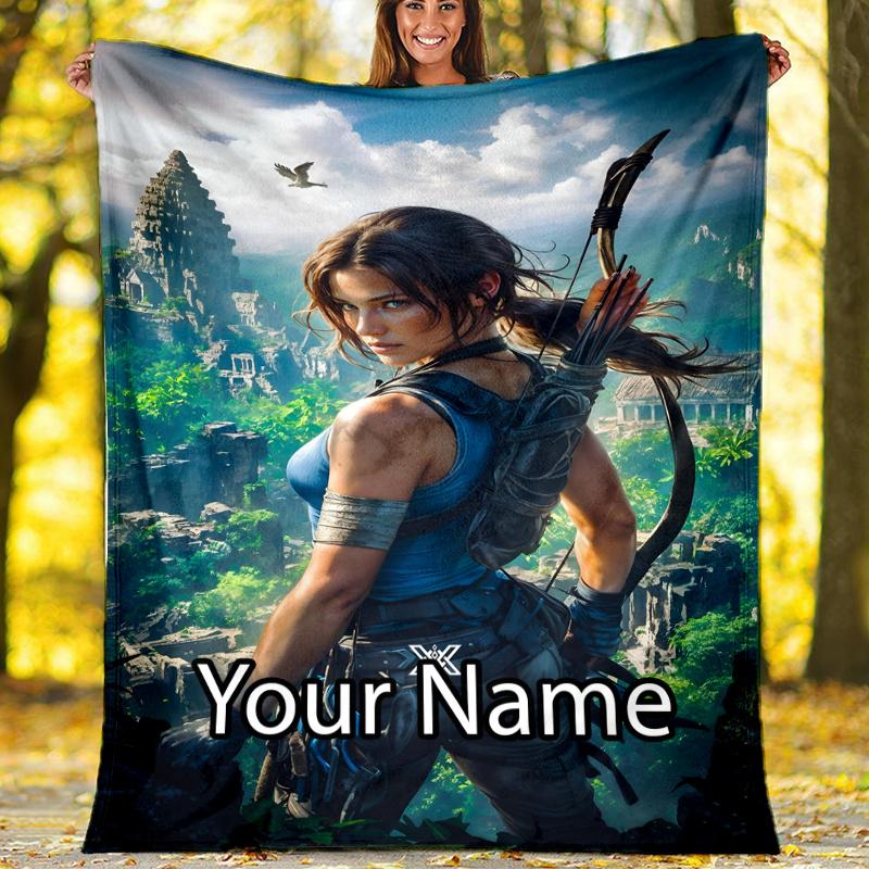 Custom Name Tomb Raider Theme Printed Blanket - Perfect for Couch, Bed, Travel & Outdoor Use | Machine Washable, Cozy & Durable.
