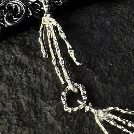 Women Necklace Red Rhinestone Heart Pendant Skeleton Hand Shape Punk Dark Style Individual Hollow Out Neck Jewelry for Club Party