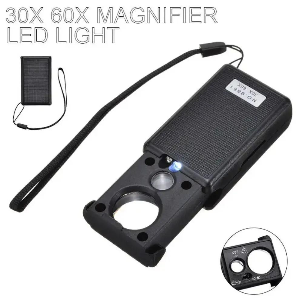 Handheld 30X 60X Magnifier with LED UV Light Mini Portable for Jewelry Inspection Currency Detection Coin Stamp Verification