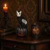 Black Cat Pumpkin Decoration Halloween Skull Figurine, Gothic Statue with Hollow Ribs, Compact Desktop Decor Spooky for Showcase Outdoor Landscaping,