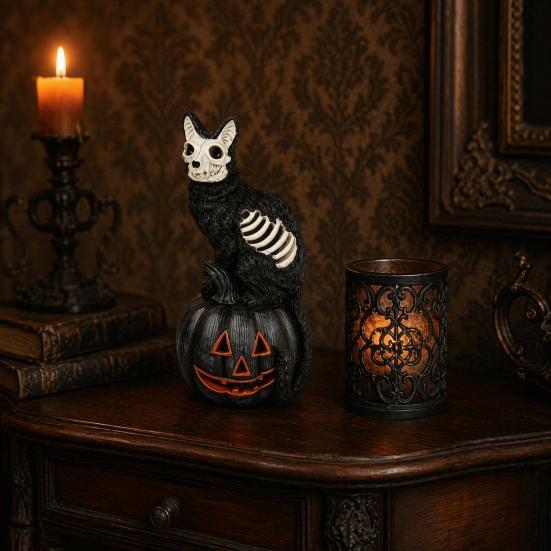Black Cat Pumpkin Decoration Halloween Skull Figurine, Gothic Statue with Hollow Ribs, Compact Desktop Decor Spooky for Showcase Outdoor Landscaping,