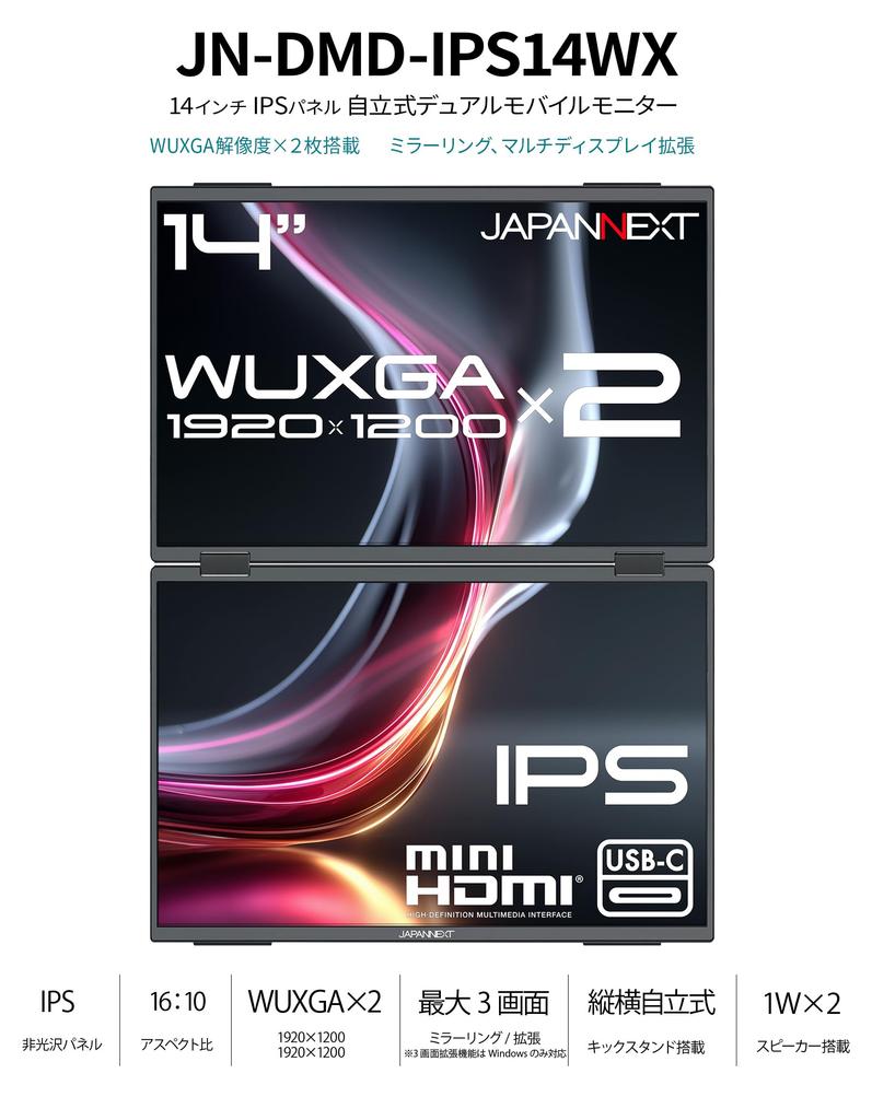 JapanNext Dual IPS Panel Mobile Monitor WUXGA Mini Triple Display Extension Warranty 14-inch JN-DMD-IPS14WX, (1920x1200) Resolution, HDMI, USB-C,