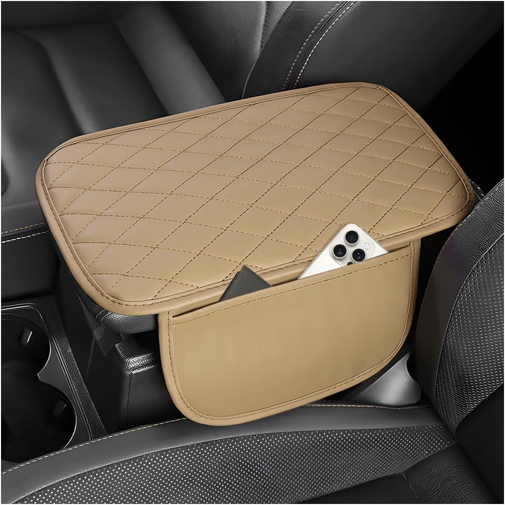 Car Center Console Cover, PU Leather Car Center Armrest Cover with 2 Storage Bags, Upgraded Comfortable Middle Console Protector Cushion Pad бежевый