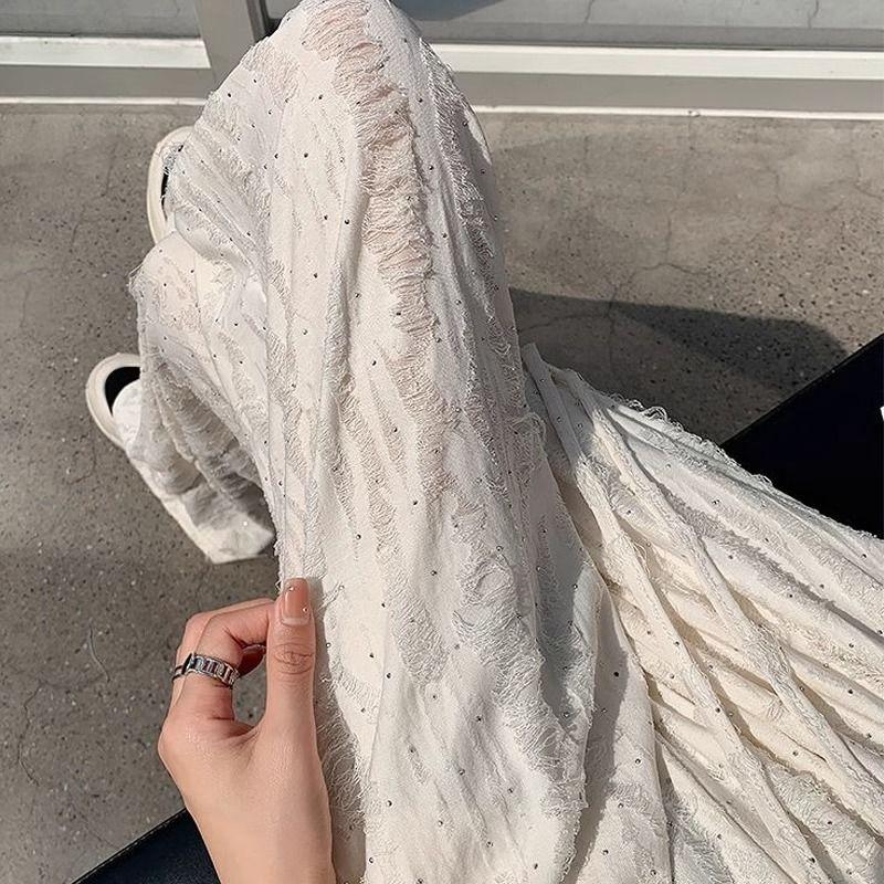 Designer Hot Fix Rhinestone Distressed Casual Wide Leg Pants for Women Floor Length Long Pants Summer Trendy