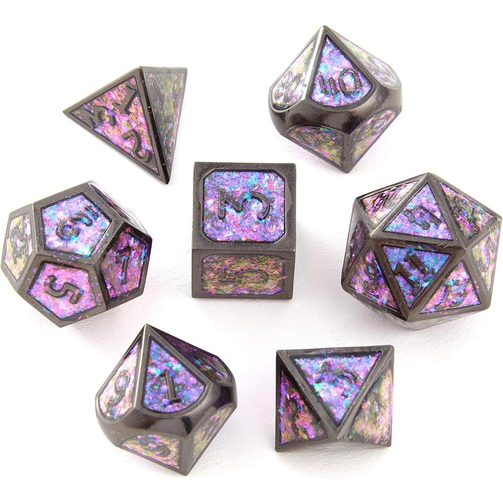 DND Polyhedral Metal Game Dice Glitter with Numbers 7pcs Set for Dungeons and Dragons RPG MTG Table Games D&D Pathfinder Shadowrun and Math Teaching