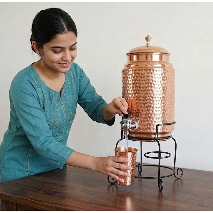 Copper Water Dispenser Set, 5 Litres, with Stand, 1 Glasses and ABS Tap, HaMmered Design (HaMmered Natura)