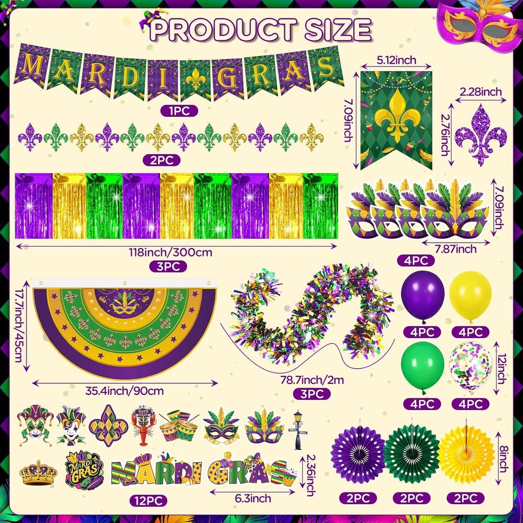 Mardi Gras Parade Float Decorations Kit Purple Green Gold Tinsel Garlands Fan Flag Mardi Gras Banner Balloons Paper Fans Streamers Masquerade Masks