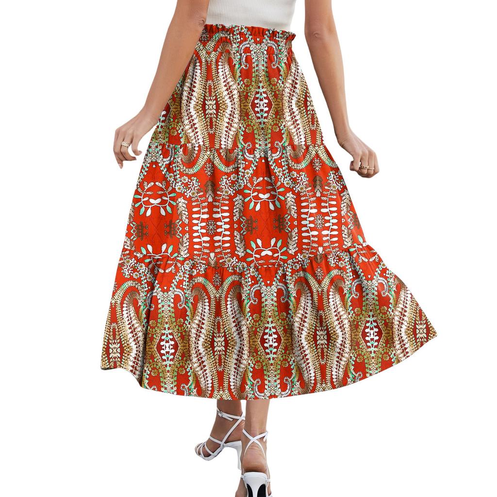 Dameskjørt Maxi Snøring Høyt liv Sommer Lange skjørt Lett Lagdelt Flytende Blomstret Plissert skjørt