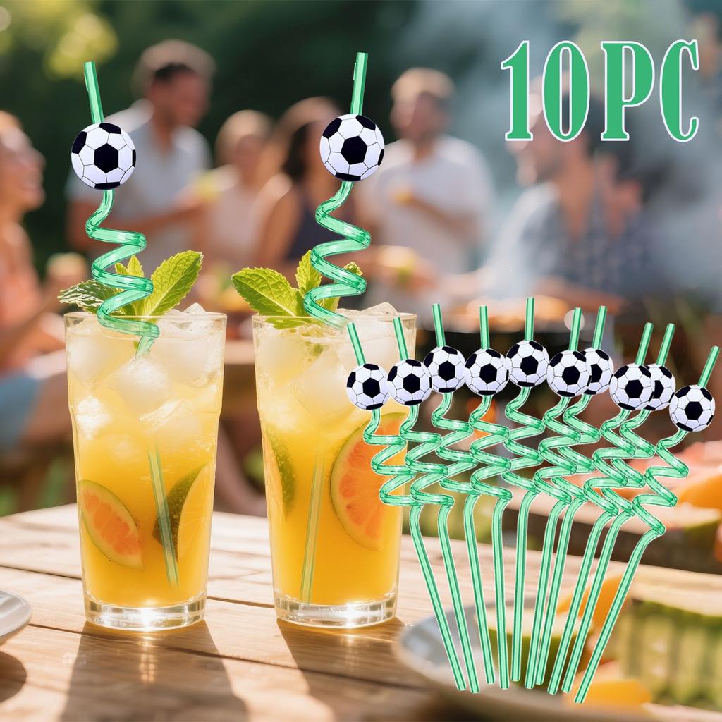 Football Themed Cartoon Spiral Straw Set with Creative Design 10PC