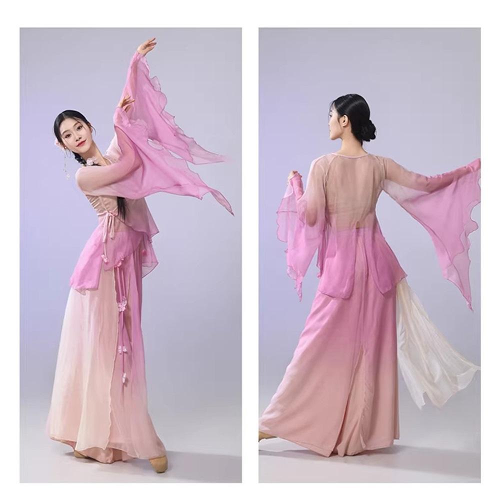 Women's Gradient Big Sleeve Chinese Classical Dance Set, Flowy Big Swing Chiffon Skirt Performance Wear