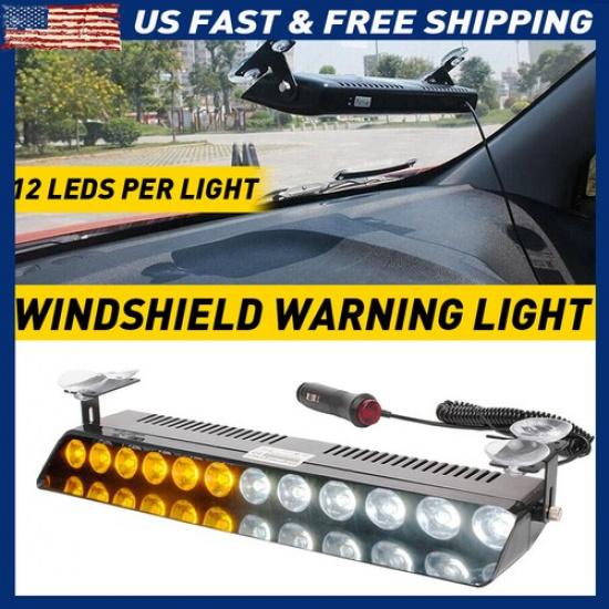 12-LED Car Strobe Light Emergency Flash Windshield Warning Amber/White Lamps12V