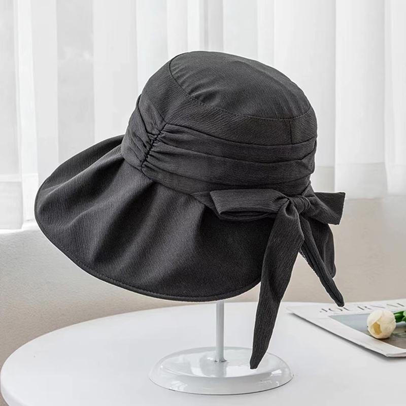 Summer Vinyl Women Fisherman Hat Solid Color Bow Wide Brim Bucket Hats For Ladies Travel Outdoor Sun Protection Cap