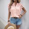 European Retro Sweet Hollow Lace Ruffle Sleeve Stand Collar Solid Color Women's Summer Shirt