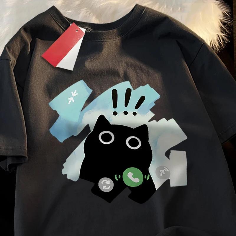

Футболка с графическим принтом черного кота для голосового вызова, летняя женская повседневная футболка с короткими рукавами, уличная одежда, женские футболки с круглым вырезом 4XL
