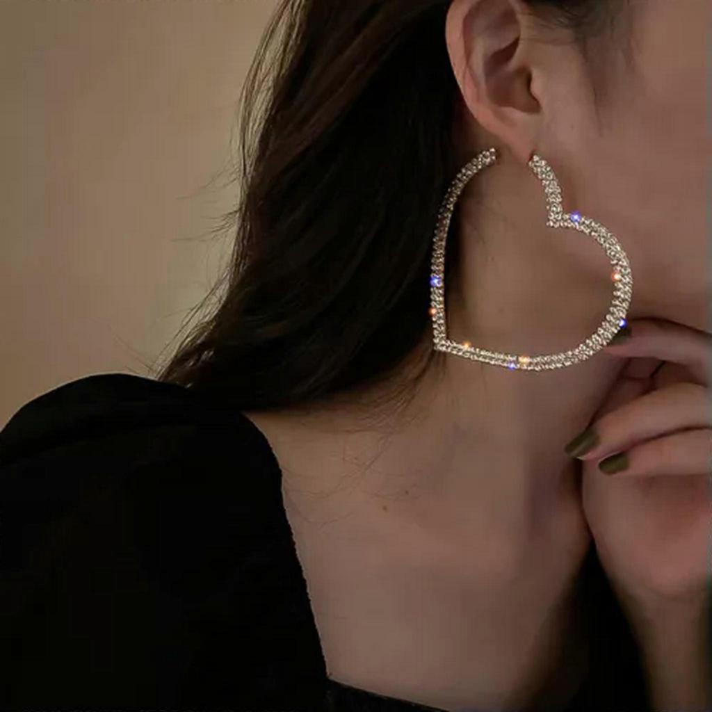 RSAMD Fashion Big Heart Crystal Hoop Earrings for Women Geometric Rhinestones Earr`jo-Silver