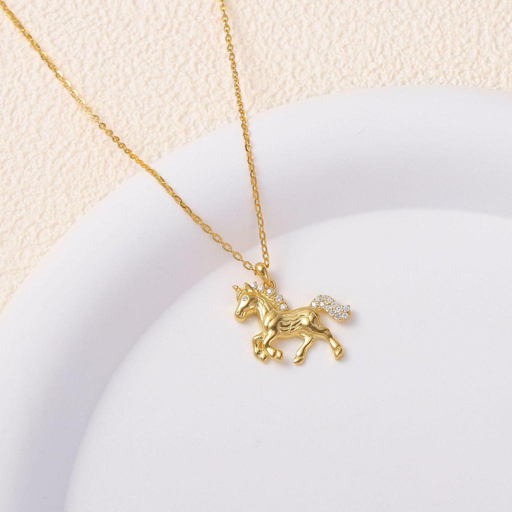 S925 Sterling Silver Lucky Unicorn Collarbone Pendant Necklace: Light Luxury, Elegant, and Versatile.