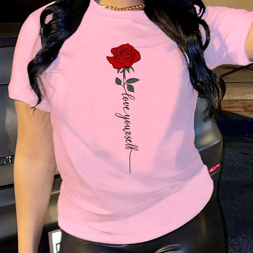 Letter & Rose Print T-Shirt, Crew Neck Short Sleeve T-Shirt, Casual Every Day Tops, WoUnisex Clothing Unisex