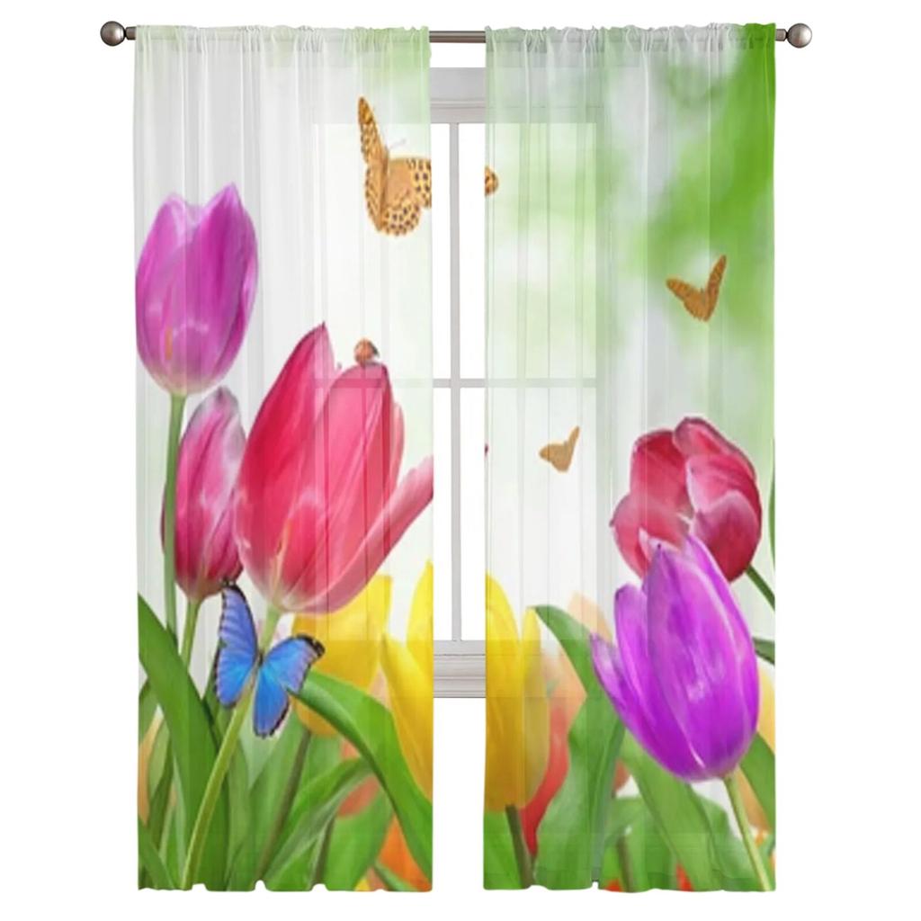 Tulip With Butterfly Sheer Curtains Bedroom Voile Curtain Living Room Window Sheer Curtains Kitchen Tulle Drapes