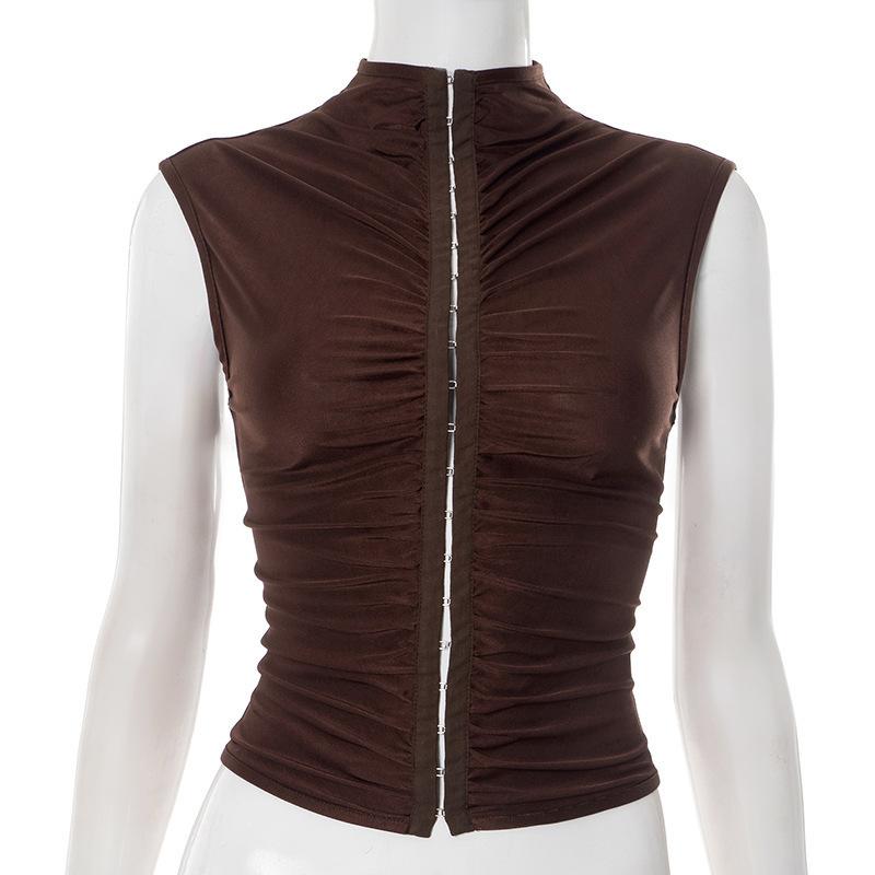 

Європейський та американський модний жіночий простий напіввисокий комір застібка на ґудзиках плісирований приталений однотонний жилет L коричневий