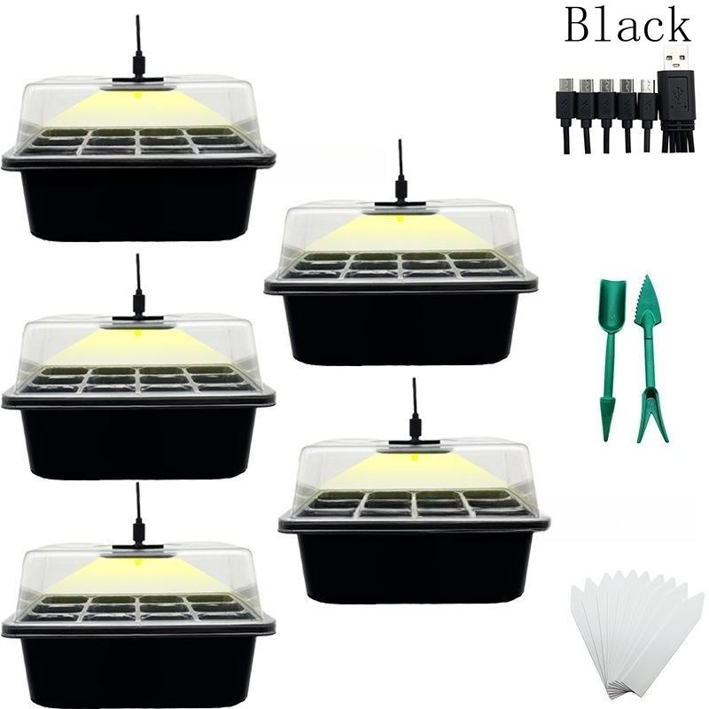 

5 шт. светодиодных ламп полного спектра с поддоном для рассады, лотки для посева семян, лампа для выращивания в теплице, отверстие для 12 ячеек на поддон чёрный