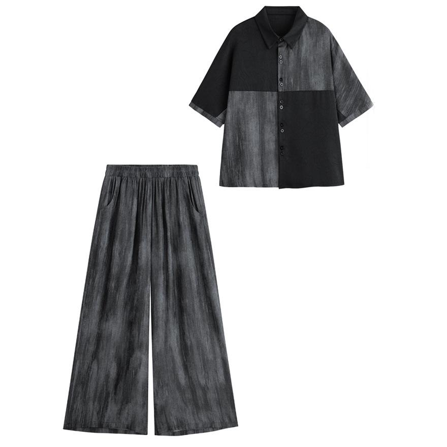 Slack light suit women's summer new personalized contrasting color shirt tie-dye wide-leg pants two-piece set