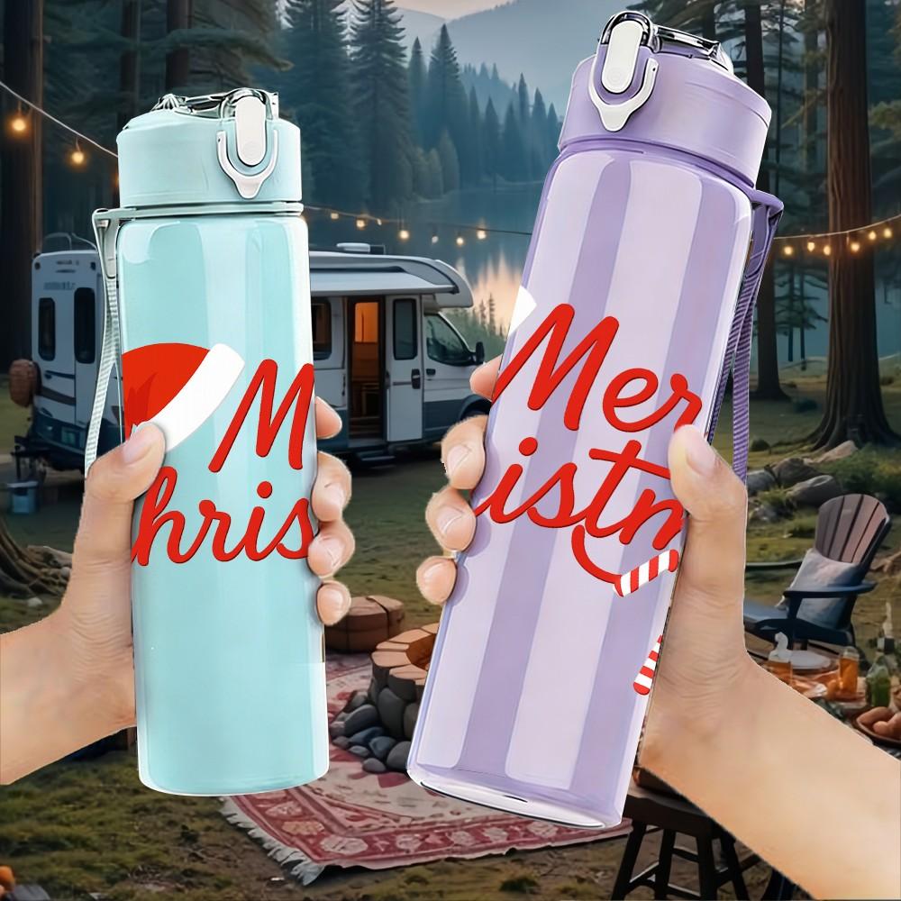 1PC Merry Christmas Red Text Letter 750ml Color Plastic Sports Water Bottle Leakproof Flip Straw Lid Suitable for Sports Office Home Use