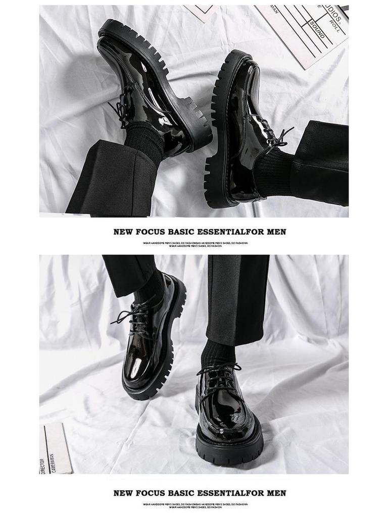 Men's Black British-Style Retro Height-Boosting Leather Shoes - Casual, Low-Top, Wear-Resistant, All-Season