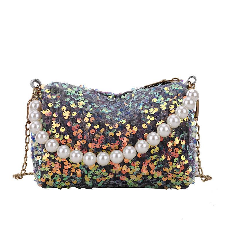 Stylish Small Pillow Bag For Women 2024 With Sequin Decoration And Zipper серый