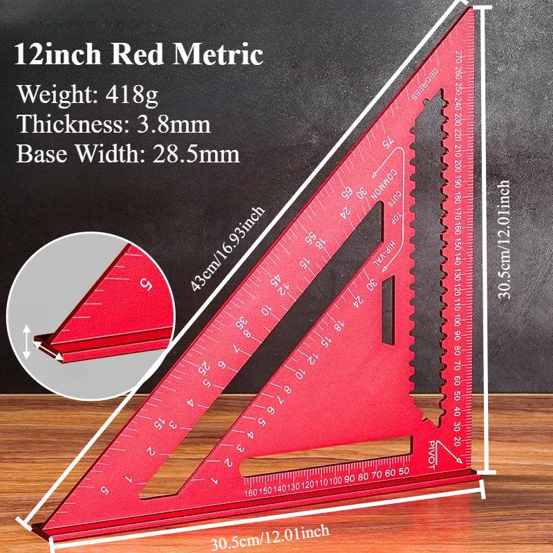 Righello a Triangolo in Lega di Alluminio ad Alta Precisione Metrico da 7''/12'' per Falegnameria con Goniometro ad Angolo Retto e Tracciatore Portatile