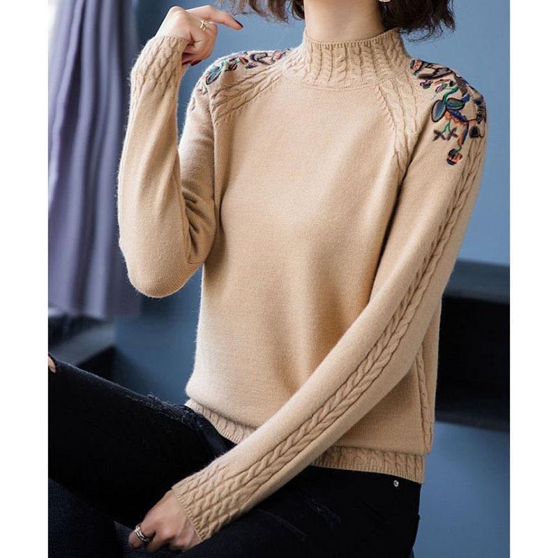 Bestickte Blumen Halber Stehkragen Pullover Damen Herbst Winter Dick Warm Gestrickter Pullover Slim Gerippt Weiche Oberteile