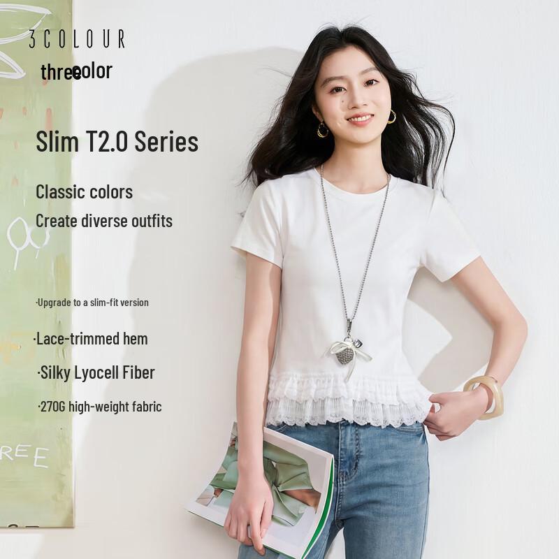 SANSY 2026 Summer Slim Fit Lace Trim Round Neck Short Sleeve T-Shirt S