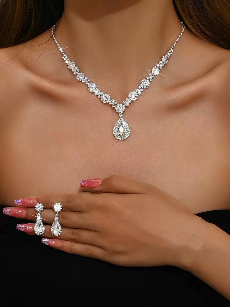 Autumn & Winter 3-Piece Women's Crystal Droplet Necklace and Earring Set - Elegant Evening Dress Accessories for Weddings