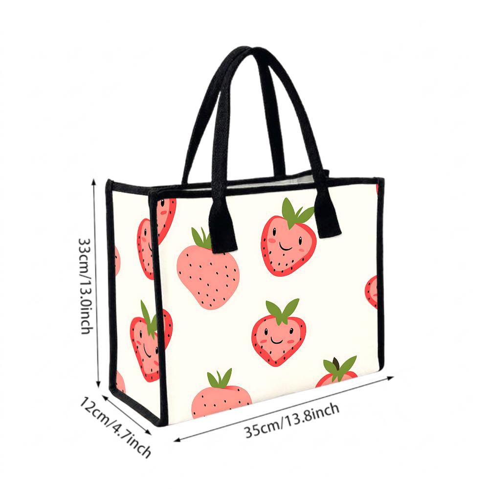 Cute Strawberry Printed Canvas Tote Bag Portable Casual Daily Shopping Handbag for Women