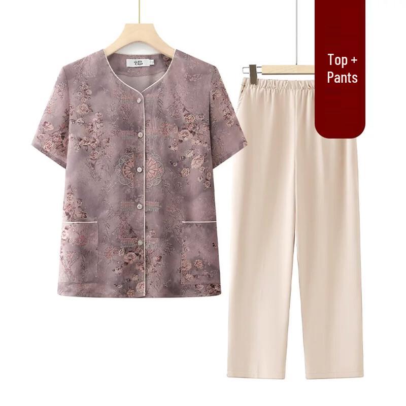 Elderly Women s New Chinese Style Embroidered Short Sleeve Summer Set 4XL