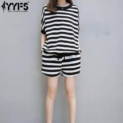 Women's Fashion Casual Summer Spring Stripe Print Short Sleeve O-Neck Trousers Pants Suits