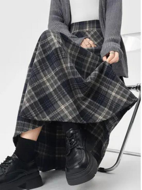 Women's Plaid A-line Skirt: Mid-Length, Thickened for Autumn/Winter 2025, Slimming Fit.