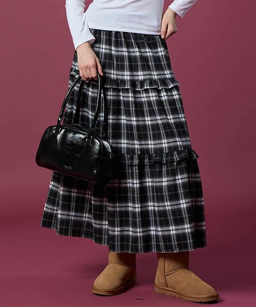 Collet Thick Fleece-Lined Tiered Check Flare Elastic Long Skirt [Black] Autumn/Winter Ver.