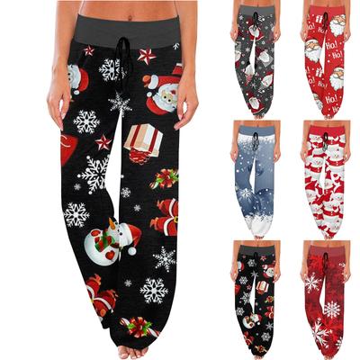 Women's Comfy Pajama Pants Pocket Christmas Print Drawstring Wide Leg Pants