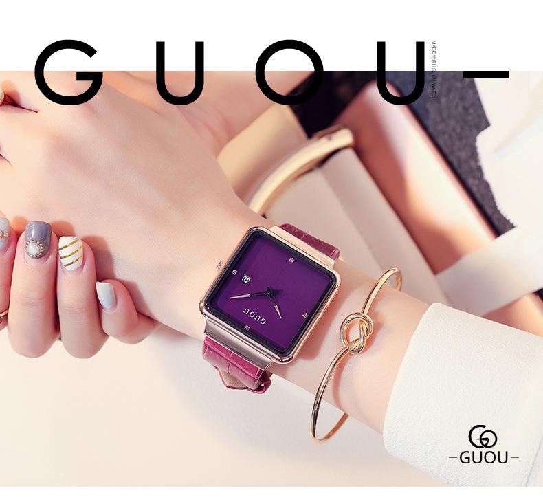 Mode Guou Top-Marke Ultra-dünn Damen Luxus Fortgeschrittenes Geschenk Quadratisch Wasserdicht Kalender Echtes Leder Armbanduhren