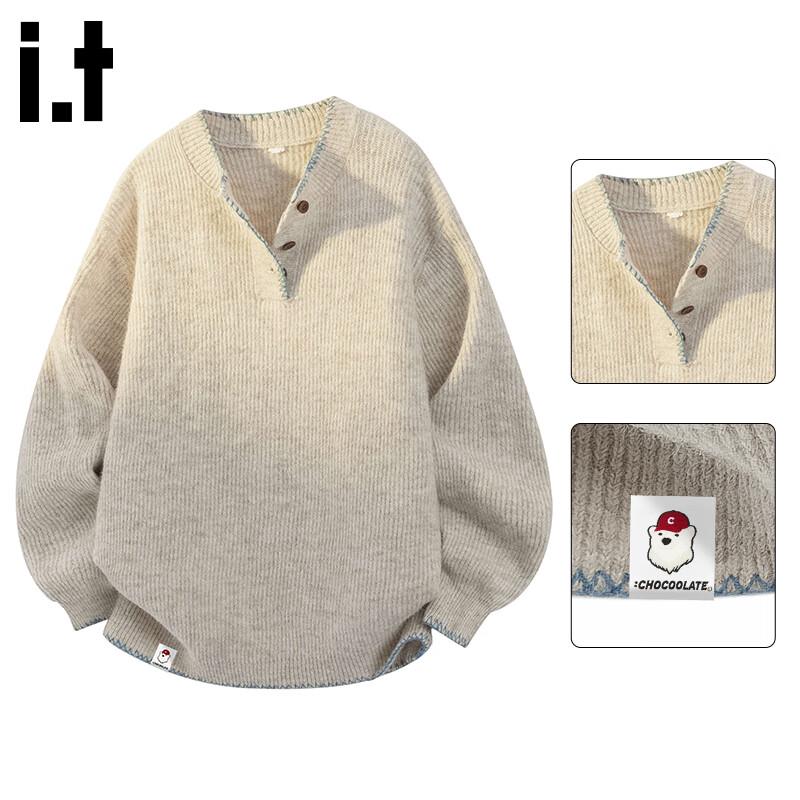 CHOCOOLATEit Unisex Japanese Style Loose Fit Henley Wool Blend Knit Sweater