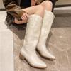 Fashion New Spring and Fall Fashionable Pointy Solid Color Women's Mid-calf Boots with Mid-heel Sleeves Embroidered Western Cowboy Boots