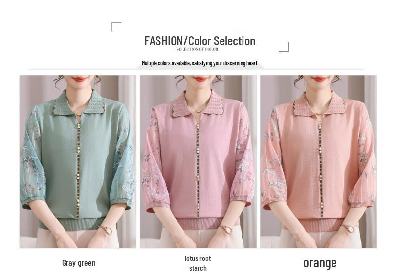 Spring-Summer 2025 Women's Three-Quarter Sleeve Knit Top with Stylish Lapel for Middle-Aged and Elderly Women