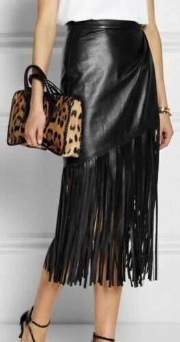 Fashionable Black Fringed Style Women's Leather Skirt Genuine Lambskin Leather